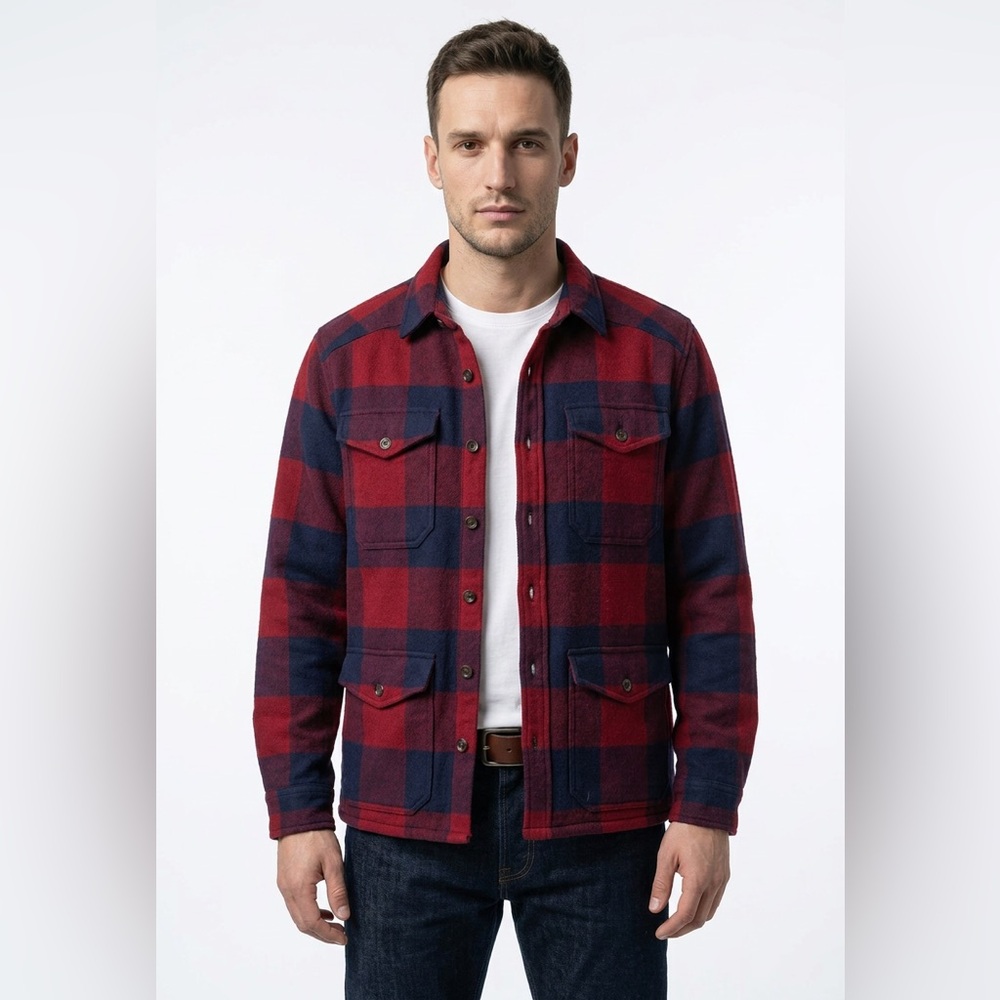 Fat Face Mens Red Blue‎ Wool Blend Buffalo Plaid Sherpa Lined Shirt Jacket Large